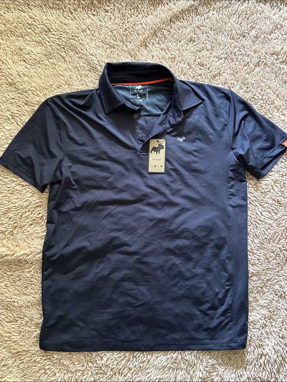 Men's Navy Performance golf Polo with Small Embroidered French bulldog logo nwt